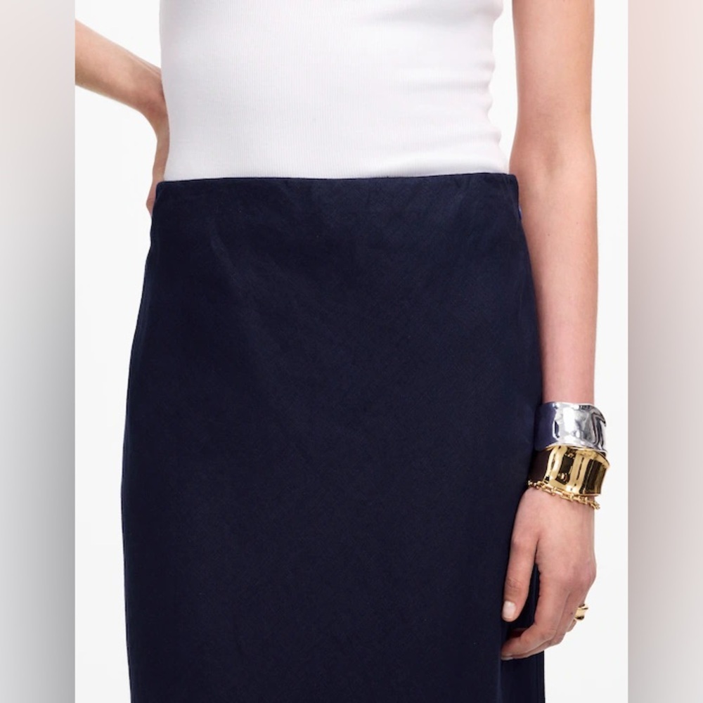 Madewell 100% Linen Bias Cut Maxi Skirt Navy Blue Size 4 Elastic Waist - Picture 4 of 12